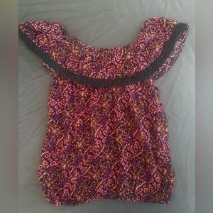 MOSSIMO Off the Shoulder Purple/Pink/Orange Blouse w/ Black Crochet Lace Detail